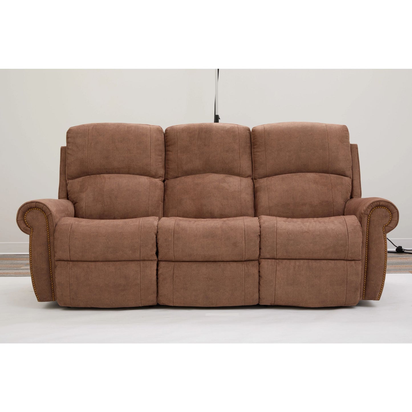 Dutton Faux Leather Reclining Sofa — Winslow Pecan — view 39