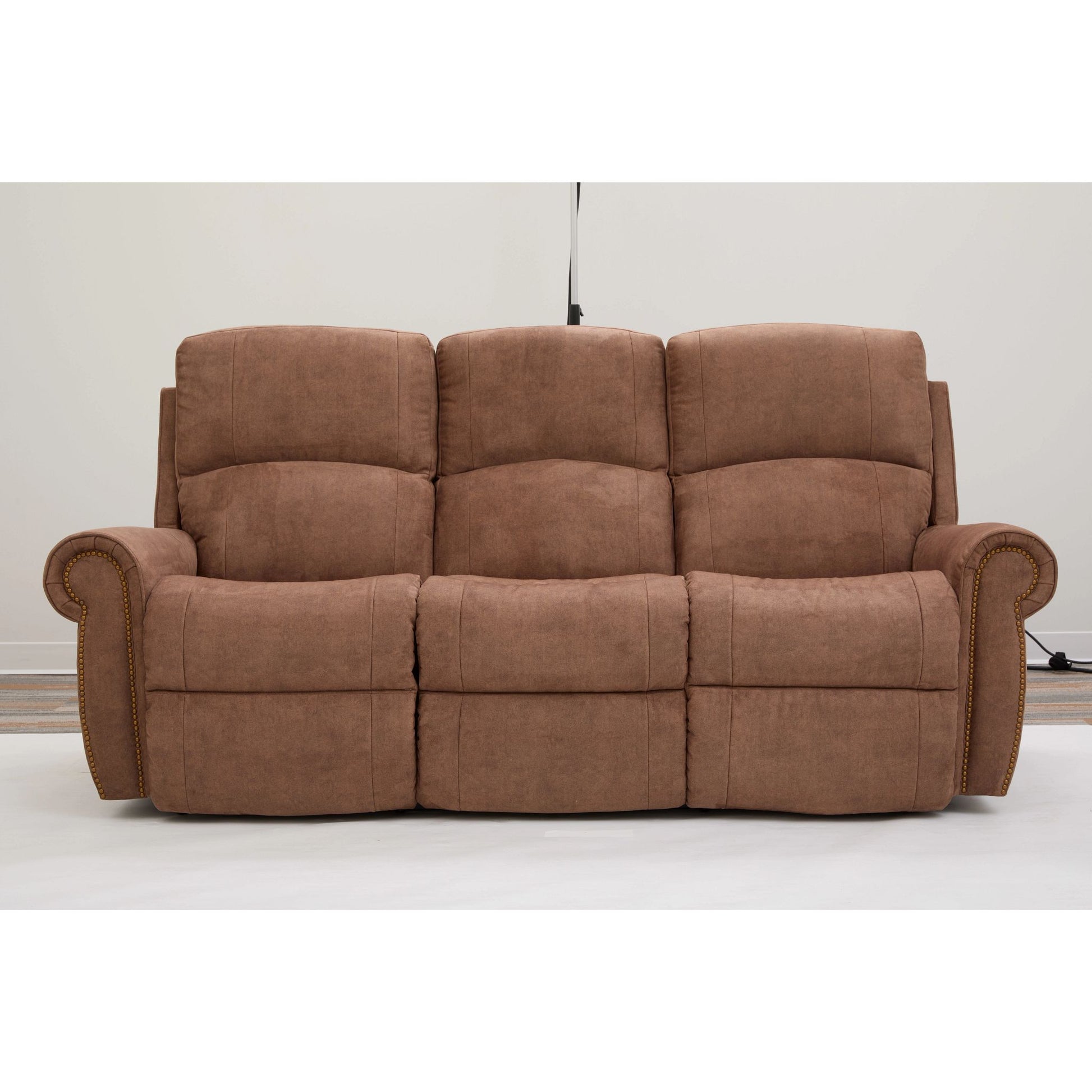 Dutton Faux Leather Reclining Sofa — Winslow Pecan — view 39