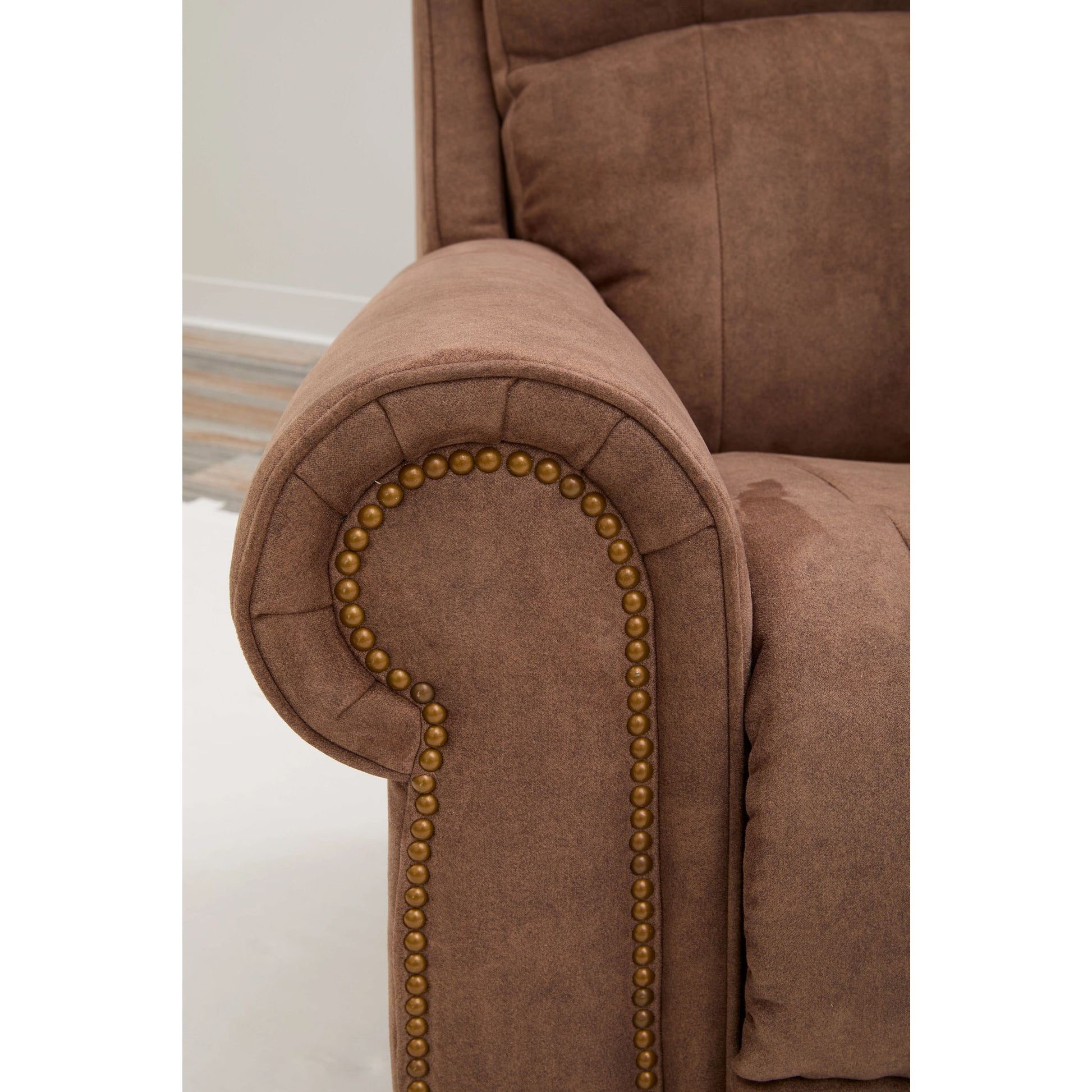 Dutton Faux Leather Reclining Sofa — Winslow Pecan — view 46