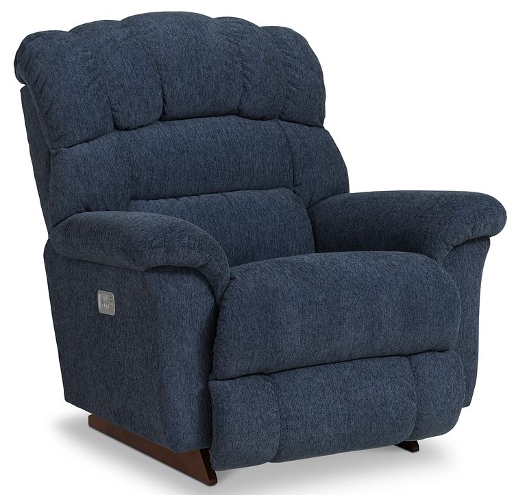 A blue upholstered Randell Recliner chair with a high back, wide arms, and a wooden base.
