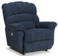 A blue upholstered Randell Recliner chair with a high back, wide arms, and a wooden base.