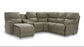 A gray Trouper 5 Piece Reclining Sectional sofa with sculpted bucket seats, split back cushions, and a roomy chaise. It also features a middle console with cup holders and storage.