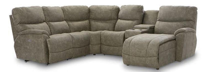 A gray Trouper 5 Piece Reclining Sectional sofa with sculpted bucket seats, split back cushions, and a roomy chaise. It also features a middle console with cup holders and storage.