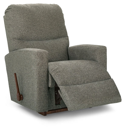 Gray recliner chair with wooden armrests on a white background