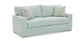 Light blue sofa with patterned cushions on a white background