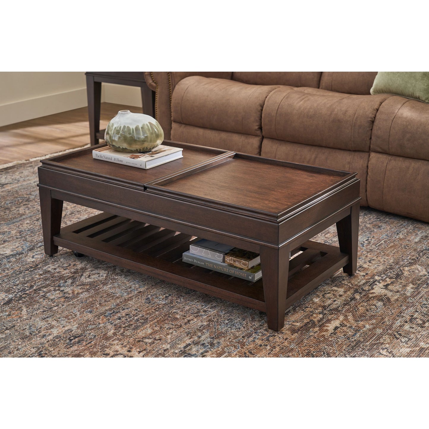 Dutton Faux Leather Reclining Sofa — Winslow Pecan — view 9