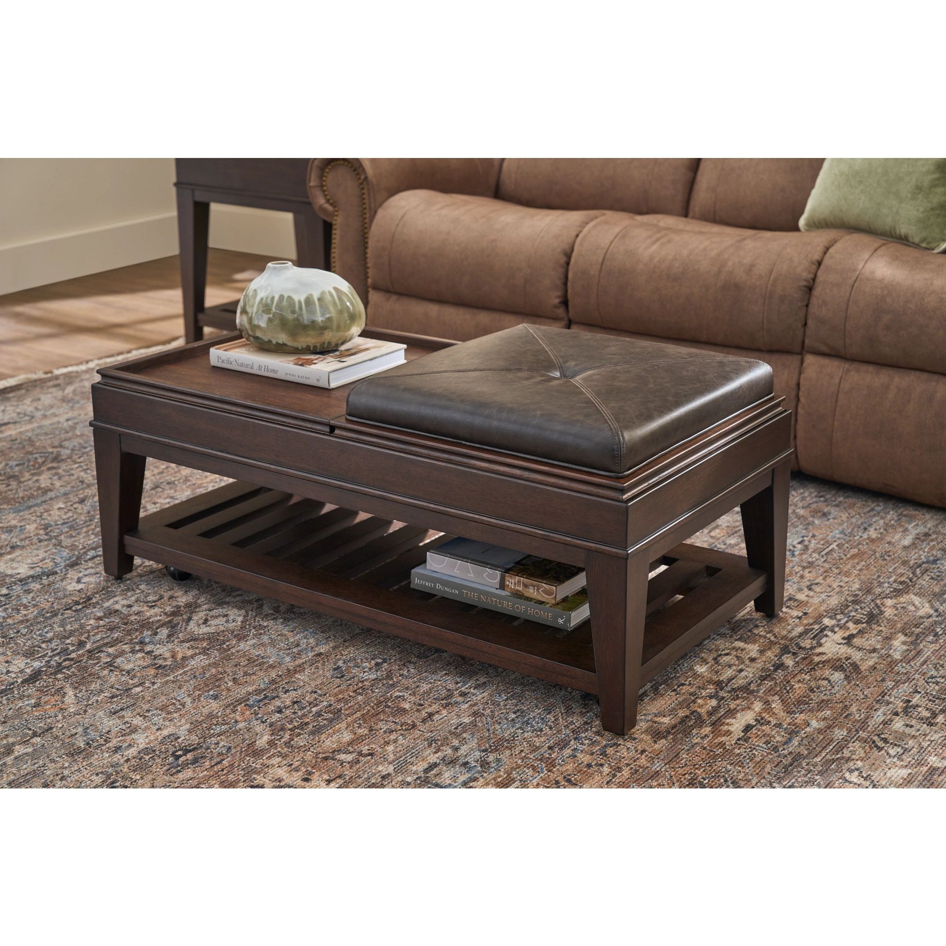 Dutton Faux Leather Reclining Sofa — Winslow Pecan — view 10