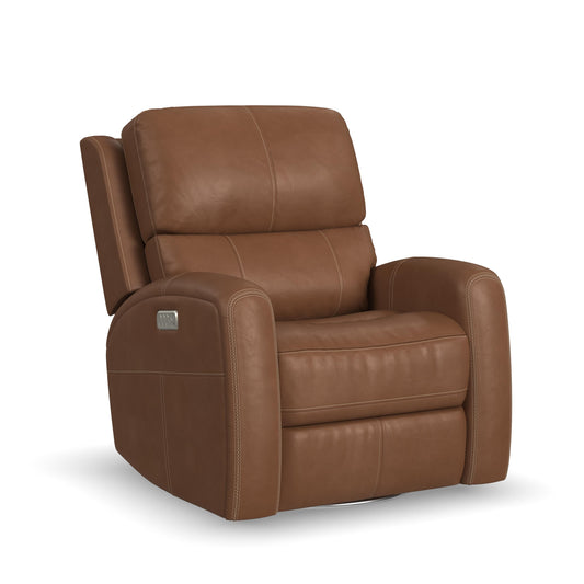 Flexsteel Linden Leather Power Swivel Gliding Recliner with Power Headrest, Lumbar, Heat & Massage