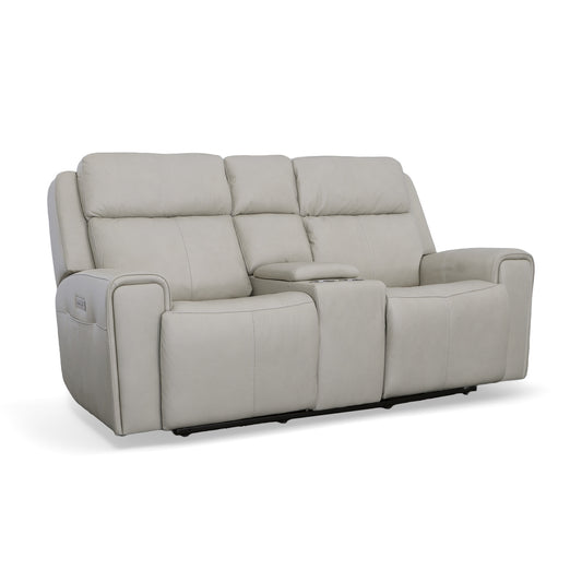 Flexsteel Barnett Leather Power Reclining Loveseat with Console, Power Headrests & Lumbar