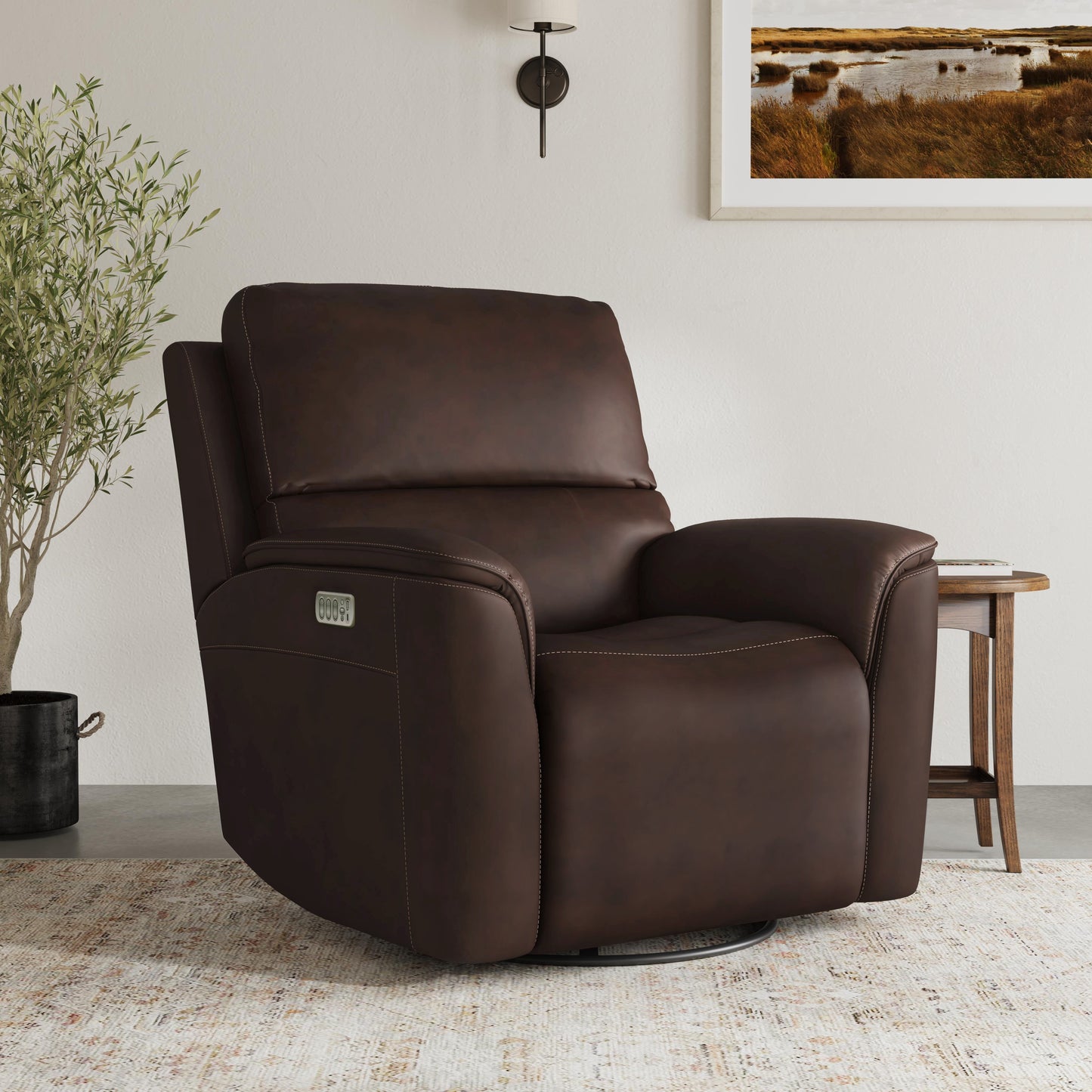 Flexsteel Henry Power Swivel Gliding Recliner with Power Headrest, Lumbar, Heat & Massage