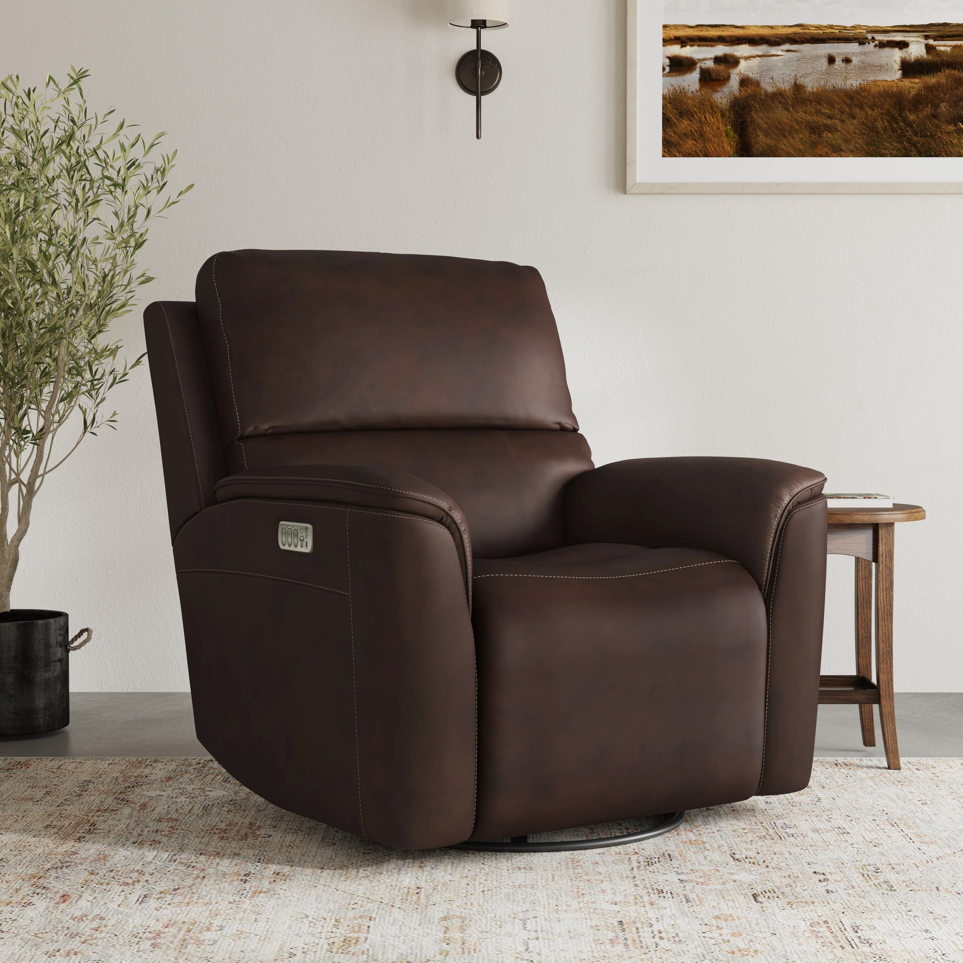 Flexsteel Henry Power Swivel Gliding Recliner with Power Headrest, Lumbar, Heat & Massage