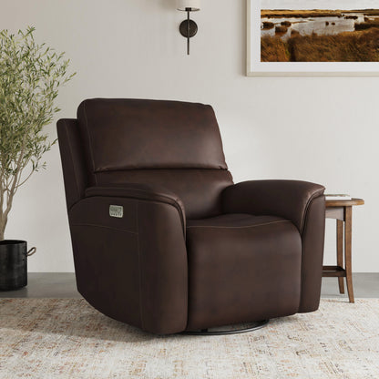 Flexsteel Henry Leather Power Swivel Gliding Recliner with Power Headrest, Lumbar, Heat & Massage