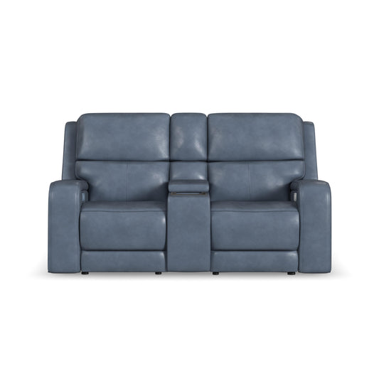 Flexsteel Oasis Leather Power Reclining Loveseat with Console, Power Headrests, Lumbar, Heat & Massage