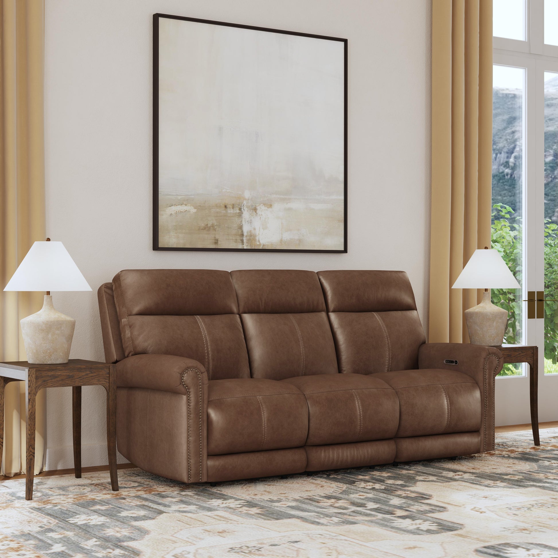 Flexsteel Alexander Leather Power Reclining Sofa with Console, Power Headrest & Lumbar