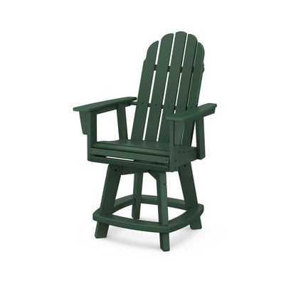 A green Adirondack-style counter and swivel chair with  arms designed for outdoor use.