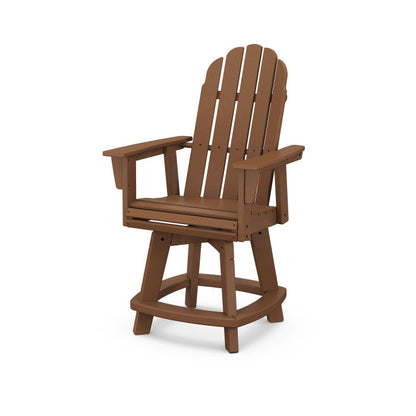 A teak Adirondack-style counter and swivel chair with  arms designed for outdoor use.