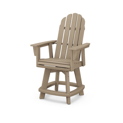 A vintage sahara Adirondack-style counter and swivel chair with  arms designed for outdoor use.