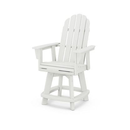 A vintage white Adirondack-style counter and swivel chair with  arms designed for outdoor use.