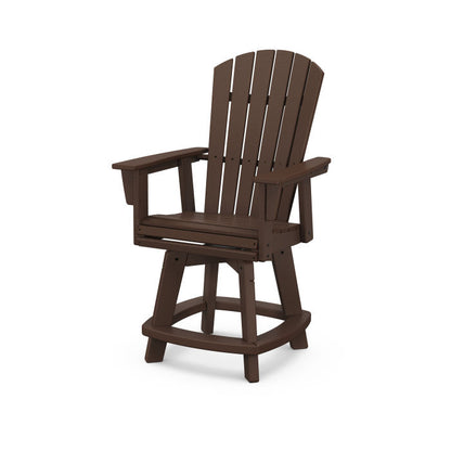 A mahogany Adirondack-style counter and swivel chair with curved back and arms, designed for outdoor use.