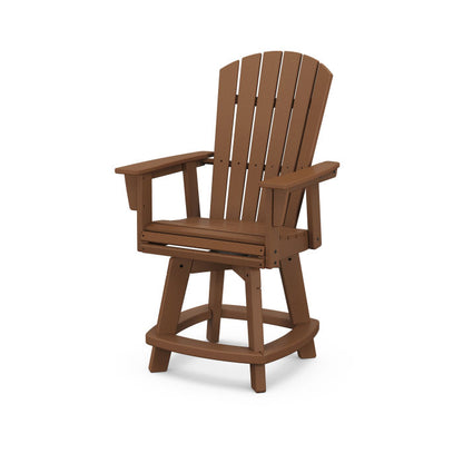 A teak Adirondack-style counter and swivel chair with curved back and arms, designed for outdoor use.
