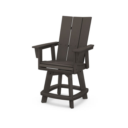 A vintage coffee Adirondack-style counter and swivel chair with curved back and arms, designed for outdoor use.