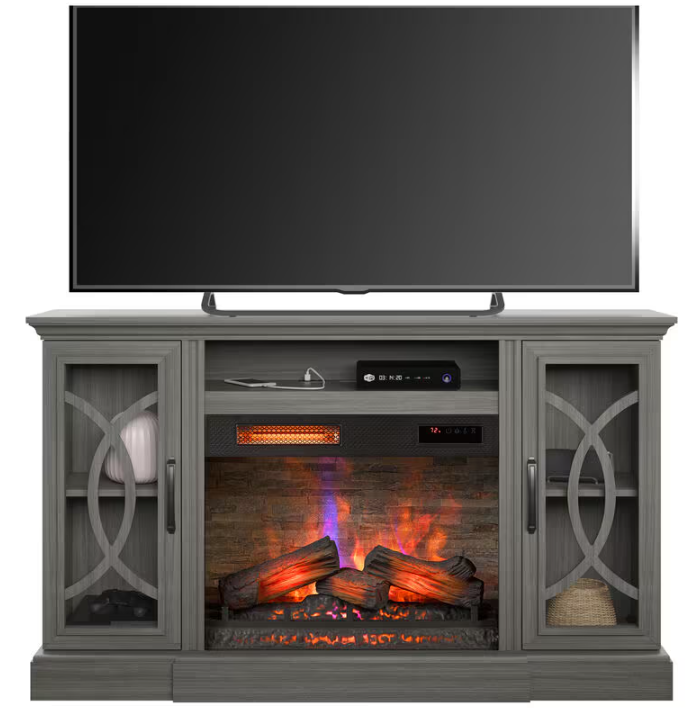 Gray TV stand with electric fireplace and television above it on a white background