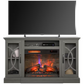 Gray TV stand with electric fireplace and television above it on a white background