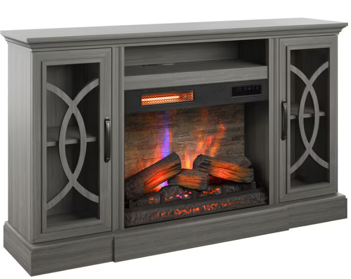 Gray electric fireplace console with glowing flames on a white background