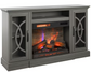Gray electric fireplace console with glowing flames on a white background