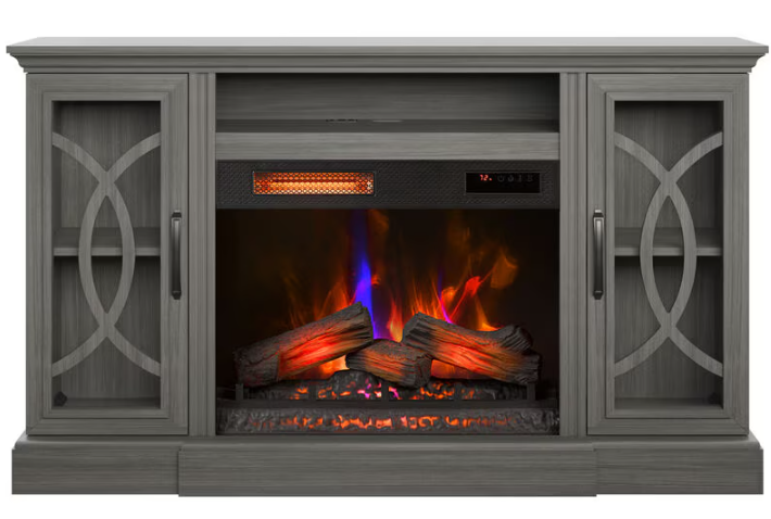 Gray electric fireplace with glowing logs inside a wooden cabinet