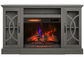 Gray electric fireplace with glowing logs inside a wooden cabinet