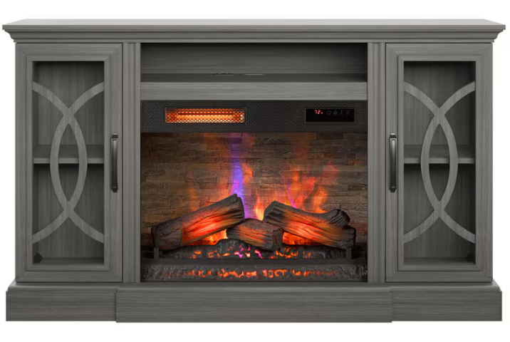 Gray electric fireplace with wooden logs and flames on a white background