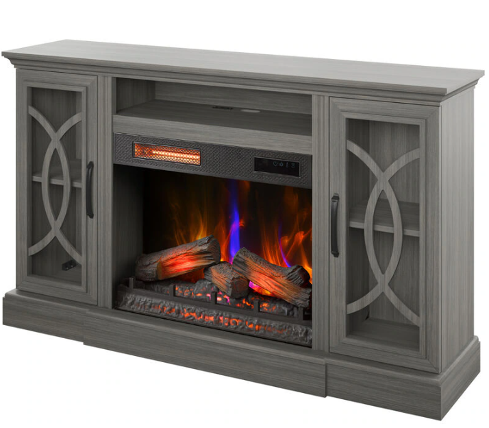 Gray entertainment console with built-in electric fireplace on a white background