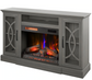 Gray entertainment console with built-in electric fireplace on a white background
