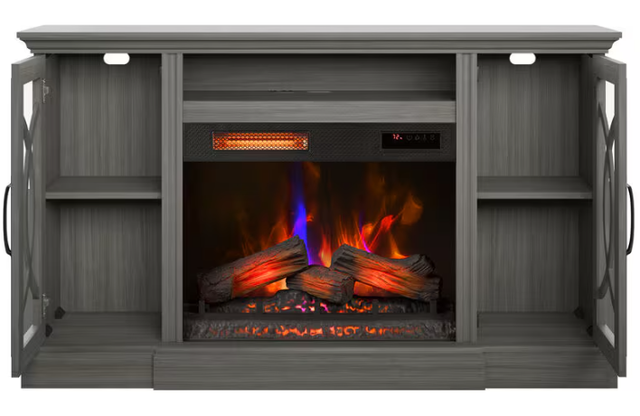 Gray entertainment console with electric fireplace insert