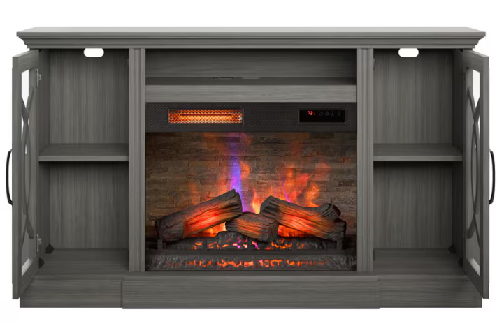 Gray entertainment console with built-in electric fireplace displaying flames.