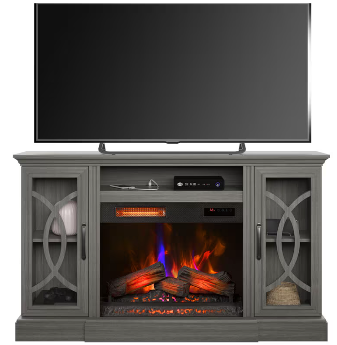 Gray entertainment console with electric fireplace and TV above