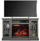 Gray entertainment console with electric fireplace and TV above