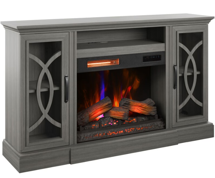 Gray electric fireplace console with glowing flames inside