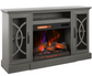 Gray electric fireplace console with glowing flames inside
