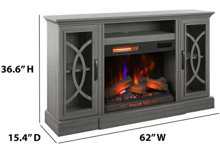 Gray electric fireplace console with dimensions displayed