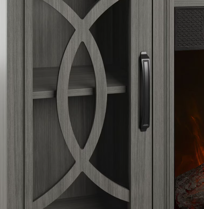 Wooden fireplace screen with decorative cutout and black handle