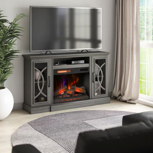 Gray entertainment console with electric fireplace and TV above it in a living room.