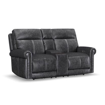 Flexsteel Alexander Leather Power Reclining Loveseat with Console, Power Headrest & Lumbar