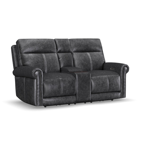 Flexsteel Alexander Leather Power Reclining Loveseat with Console, Power Headrest & Lumbar