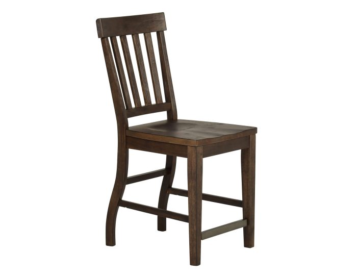 A dark oak counter stool with a vertical slat back, solid wood cap rail, and curved back legs. The seat is scoop-shaped for comfort, and there are stretchers on all four sides.