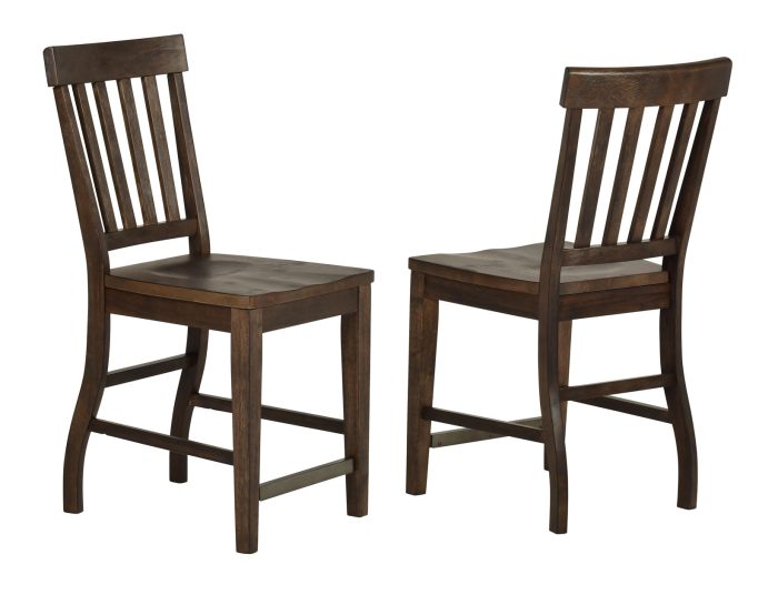 Two wooden chairs with slatted backrests on a white background