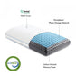 A hybrid pillow with a white top layer, blue middle layer with phase change material, and a gray base layer, designed for temperature regulation and pressure relief.