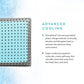 A hybrid pillow with a white top layer, blue middle layer with phase change material, and a gray base layer, designed for temperature regulation and pressure relief.