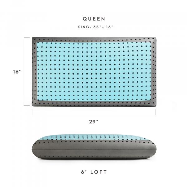A hybrid pillow with a white top layer, blue middle layer with phase change material, and a gray base layer, designed for temperature regulation and pressure relief.